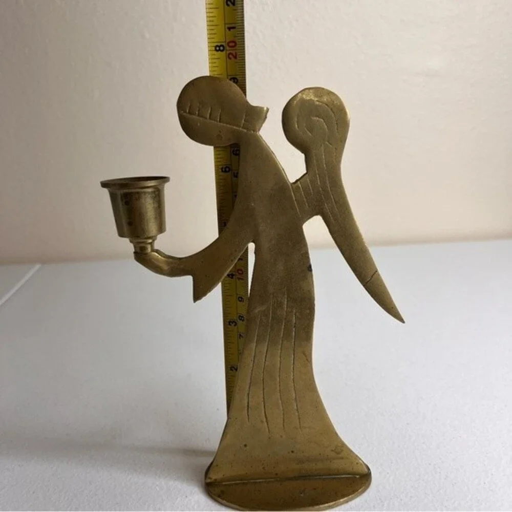 Vintage Brass Angel Candlestick Holder Made in Korea 7.5 Inches Tall Patina